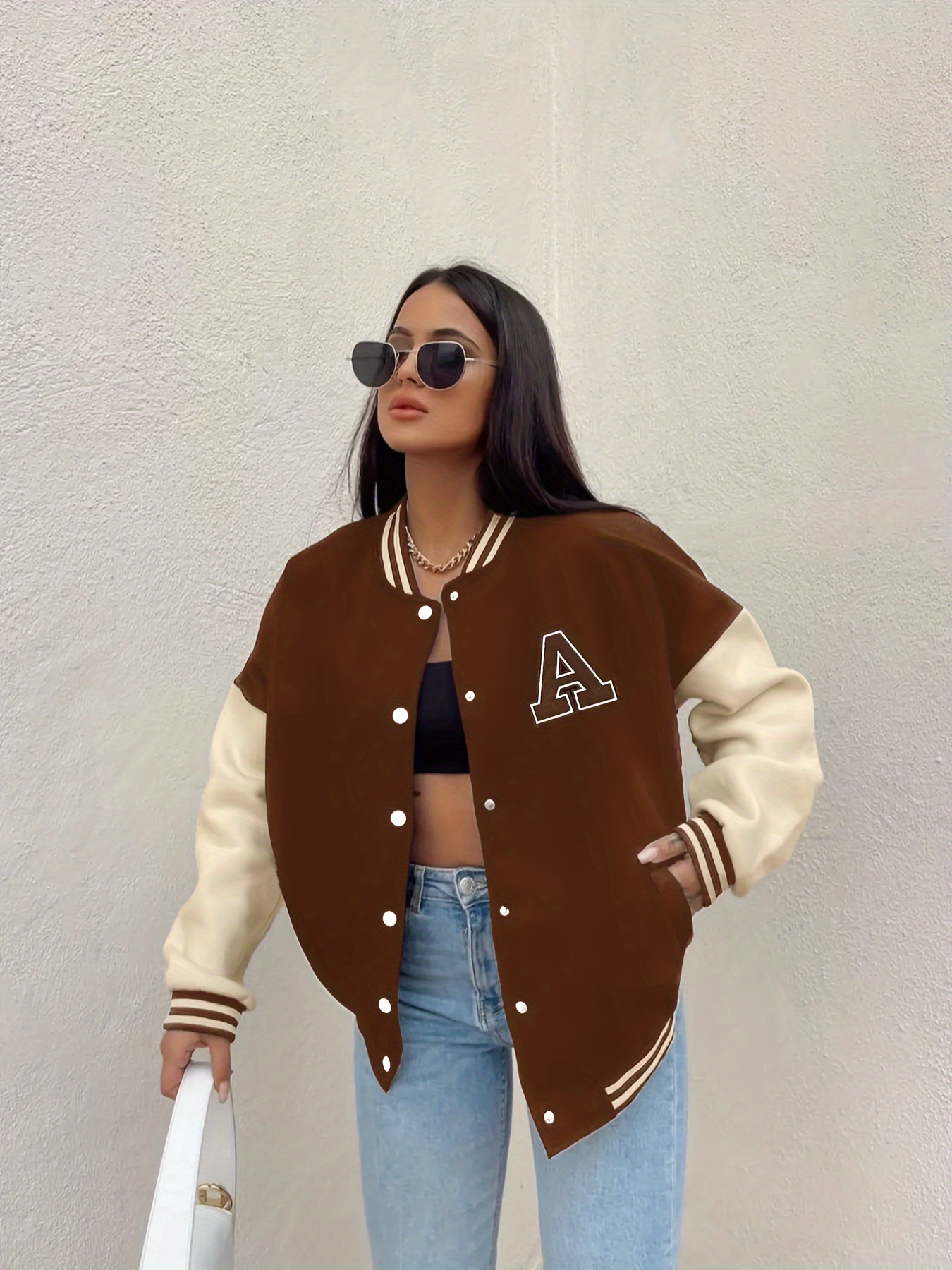 color block letter print bomber jacket casual crop button front pockets jacket womens clothing details 3