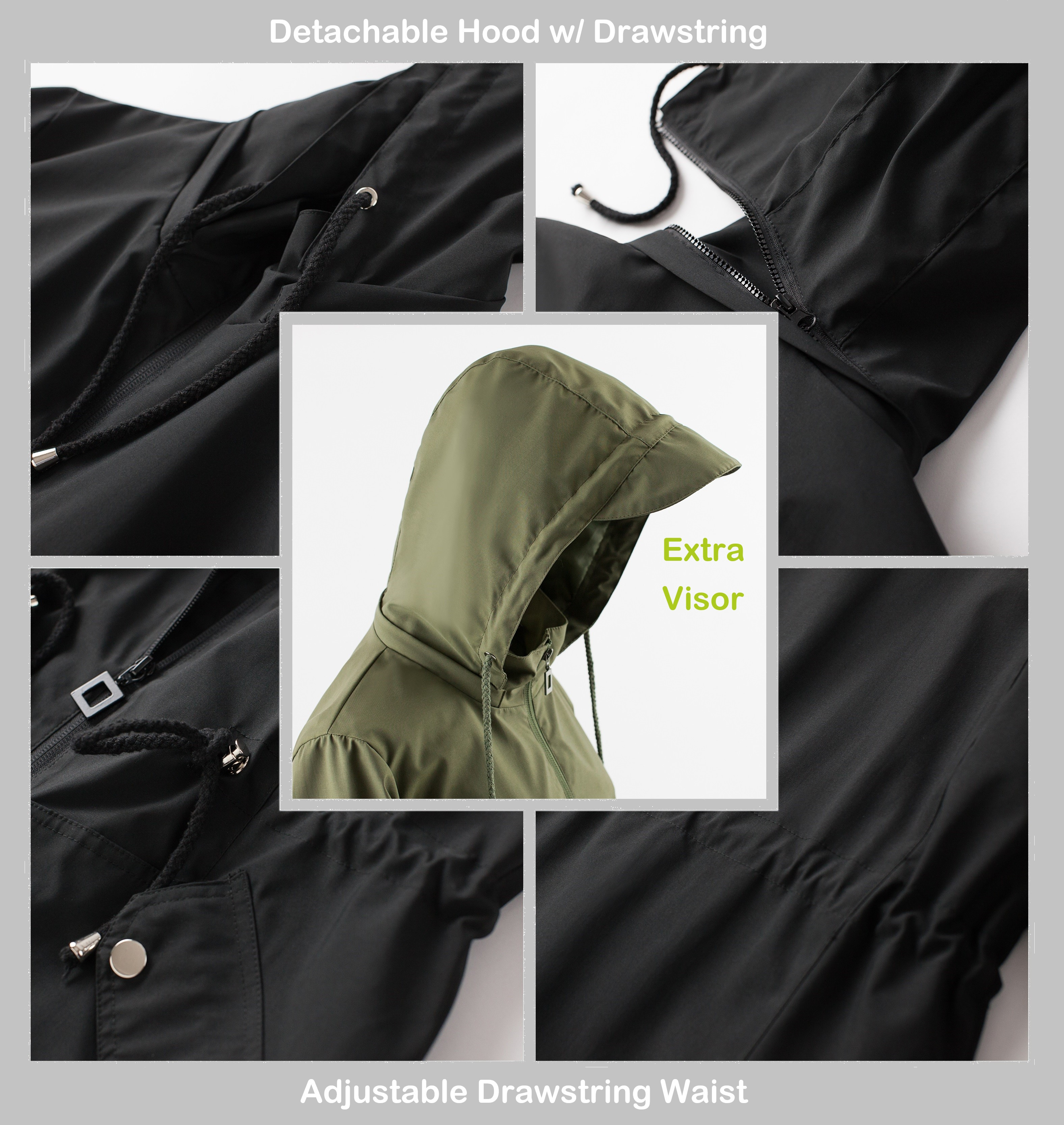 waterproof windbreaker raincoat breathable outdoor hooded jacket for hiking camping cycling running long sleeve zip up drawstring hood jacket womens clothing details 3