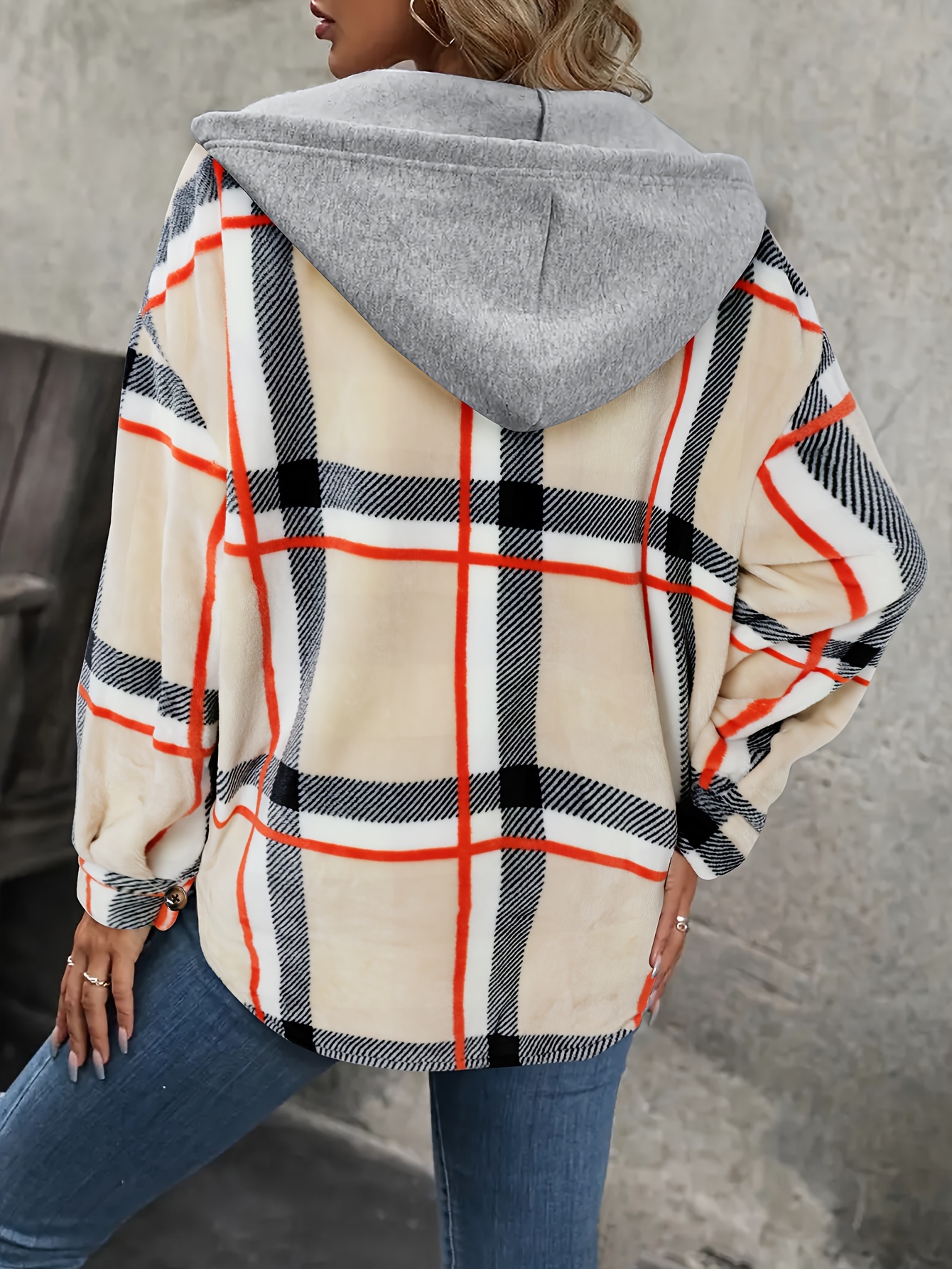 plaid single button hooded jacket casual drawstring jacket for fall womens clothing details 1