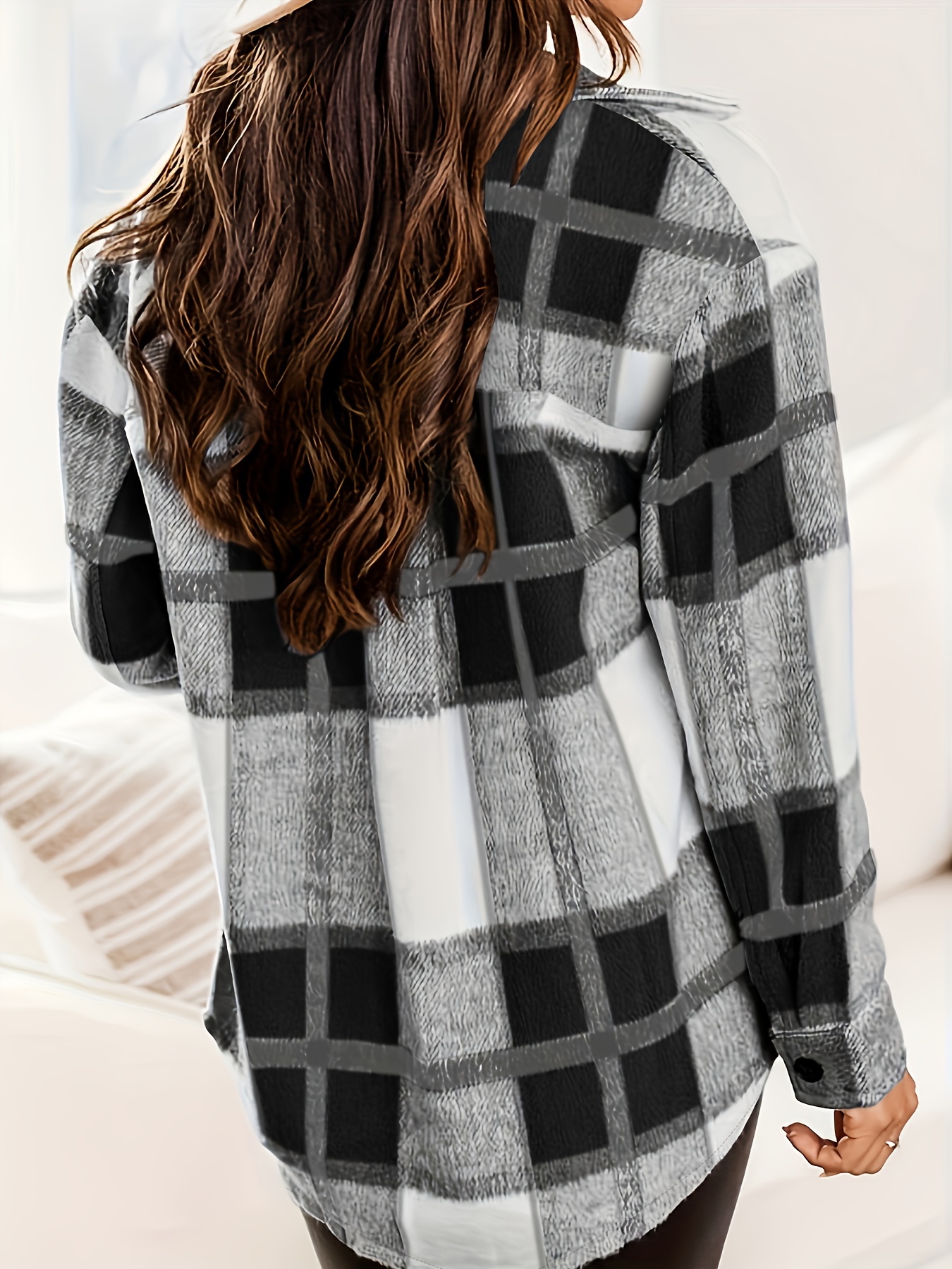 plaid print shacket jacket casual button front long sleeve outerwear womens clothing details 6