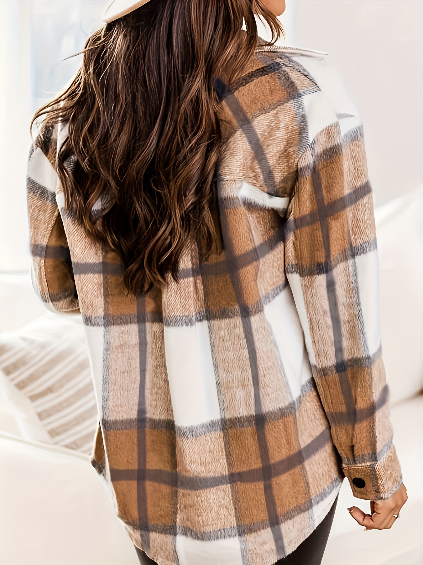 plaid print shacket jacket casual button front long sleeve outerwear womens clothing details 17