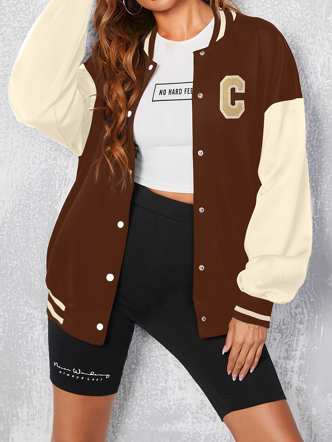 color block letterman varsity jacket versatile long sleeve button front jacket womens clothing details 0