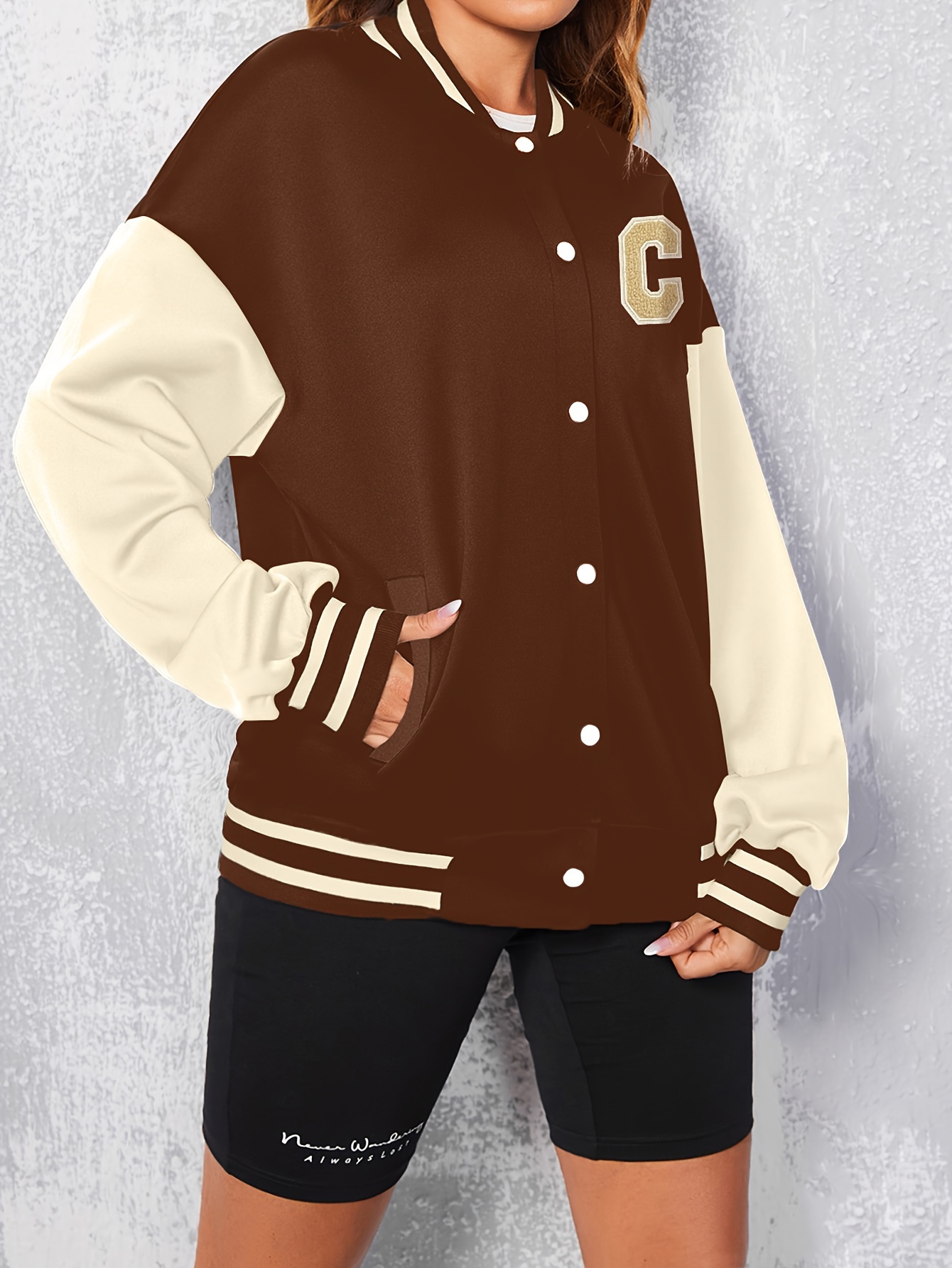 color block letterman varsity jacket versatile long sleeve button front jacket womens clothing details 2