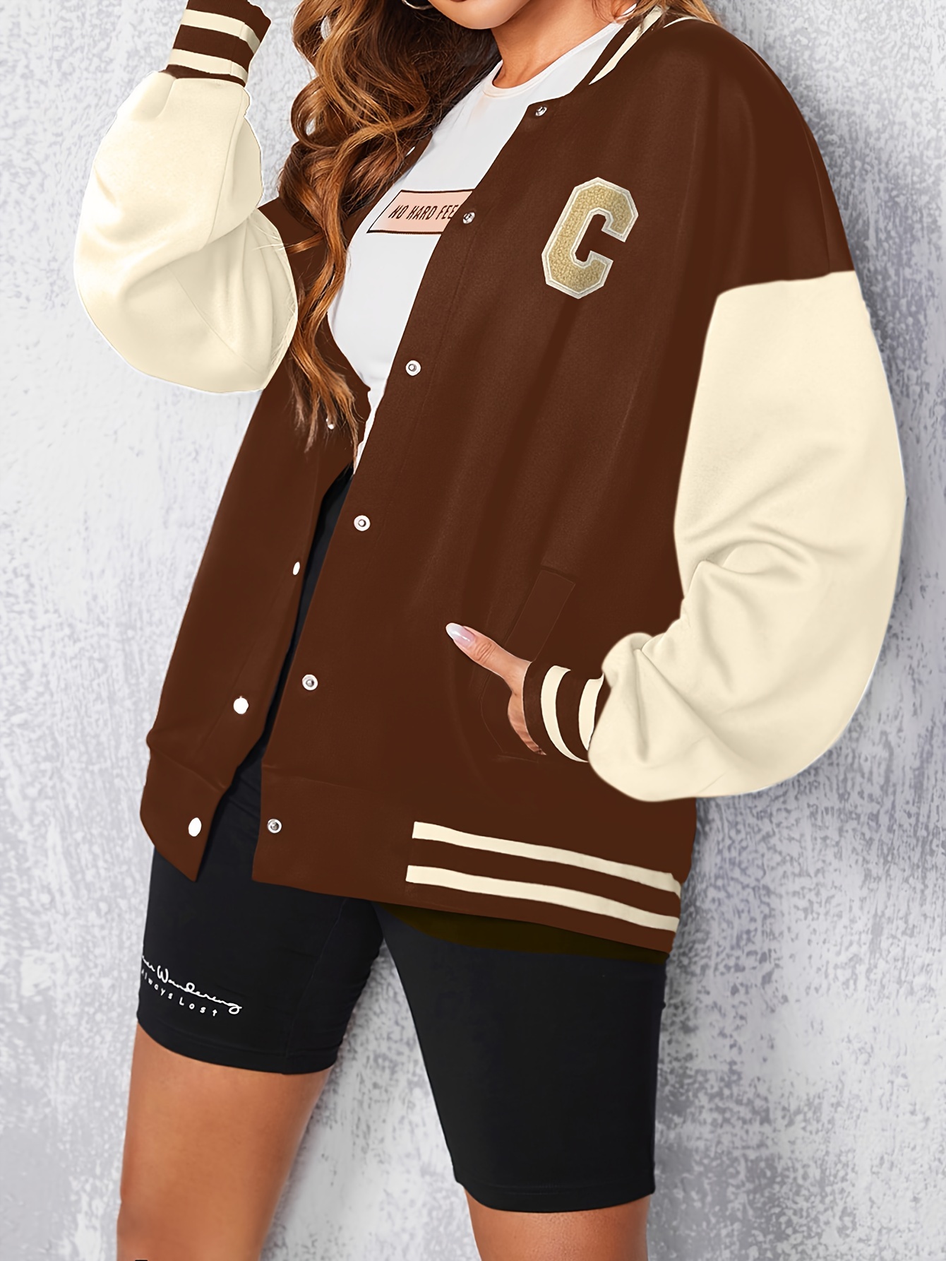 color block letterman varsity jacket versatile long sleeve button front jacket womens clothing details 3