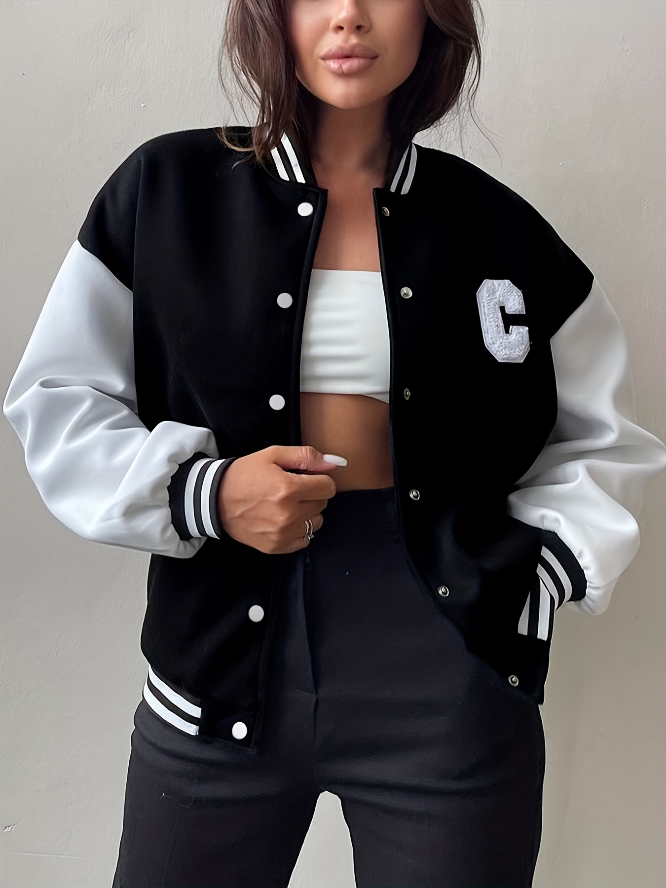 color block letterman varsity jacket versatile long sleeve button front jacket womens clothing details 11