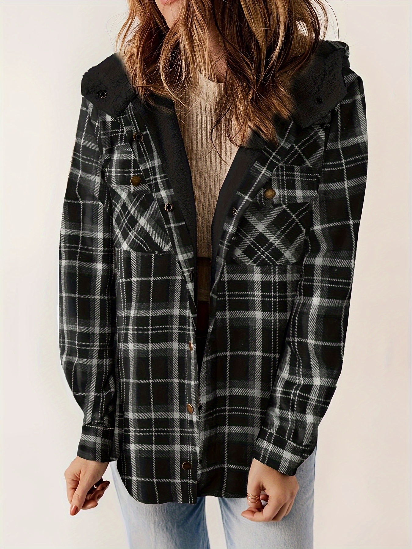 plaid pattern hooded jacket casual button front long sleeve outerwear womens clothing details 7