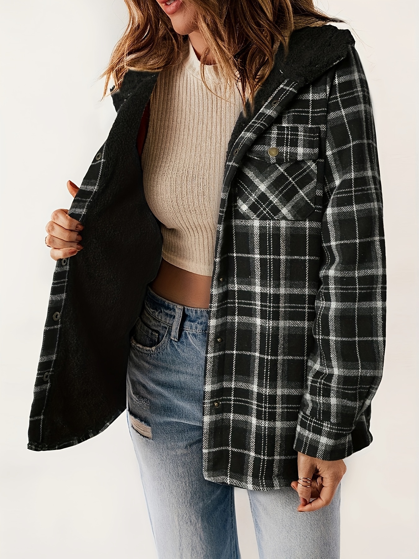 plaid pattern hooded jacket casual button front long sleeve outerwear womens clothing details 12