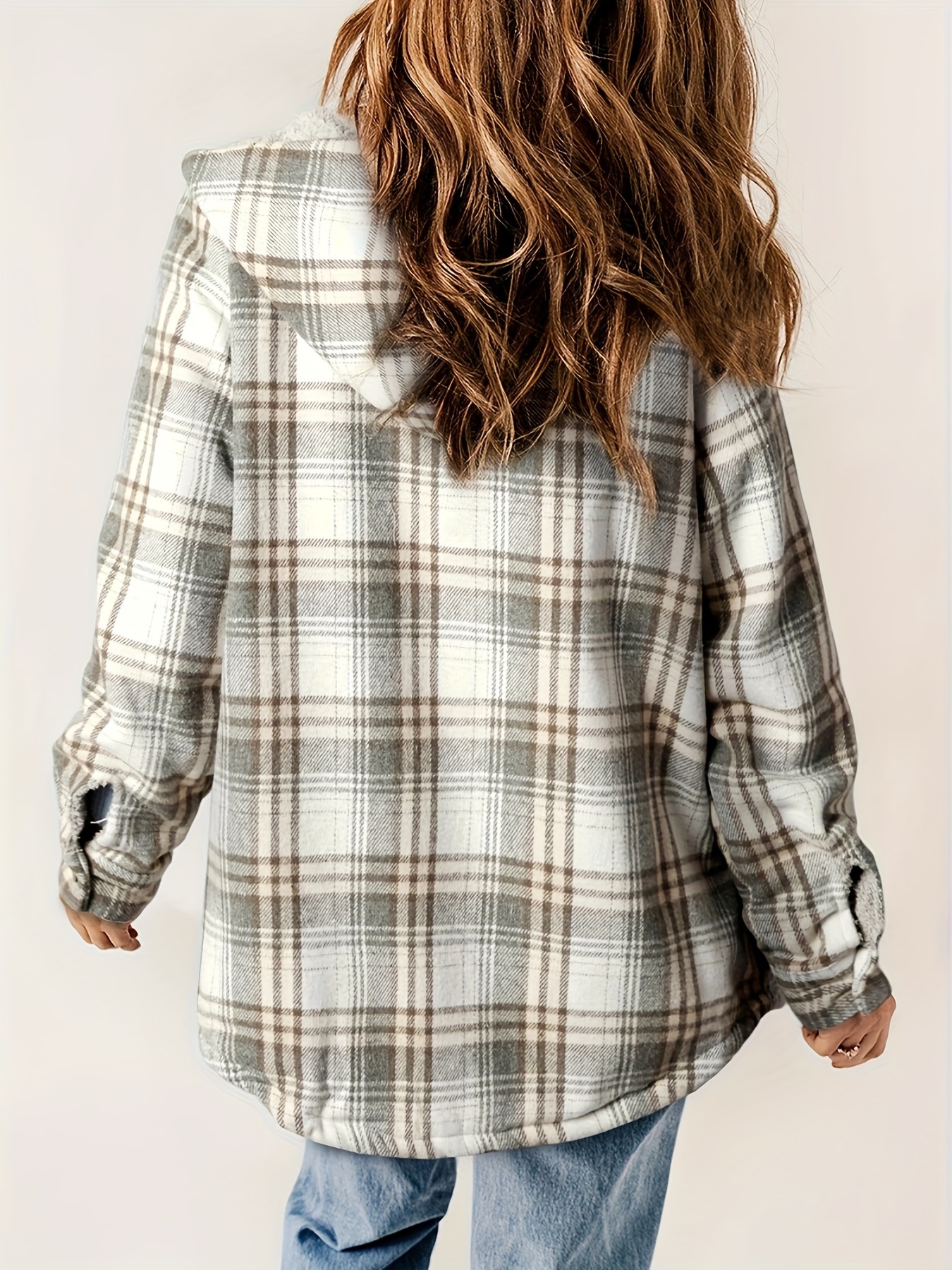 plaid pattern hooded jacket casual button front long sleeve outerwear womens clothing details 18