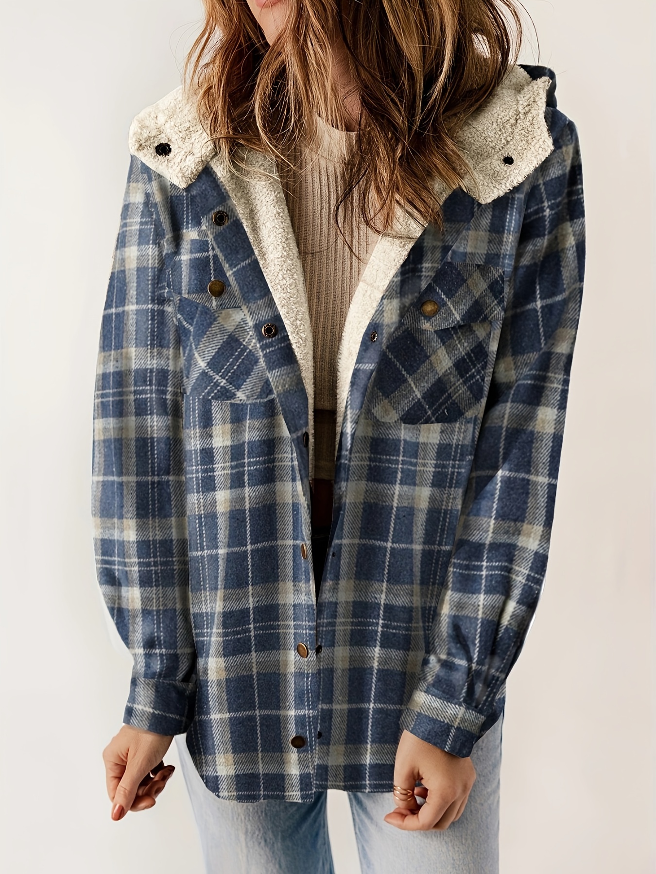 plaid pattern hooded jacket casual button front long sleeve outerwear womens clothing details 21