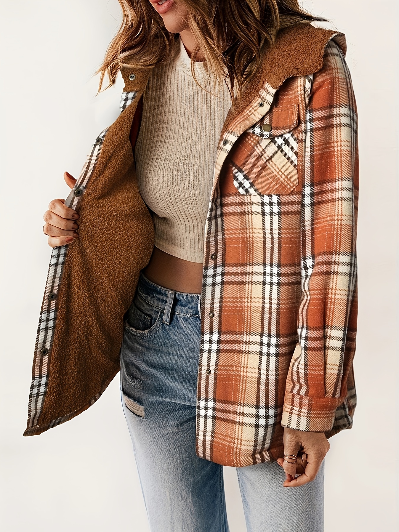 plaid pattern hooded jacket casual button front long sleeve outerwear womens clothing details 33