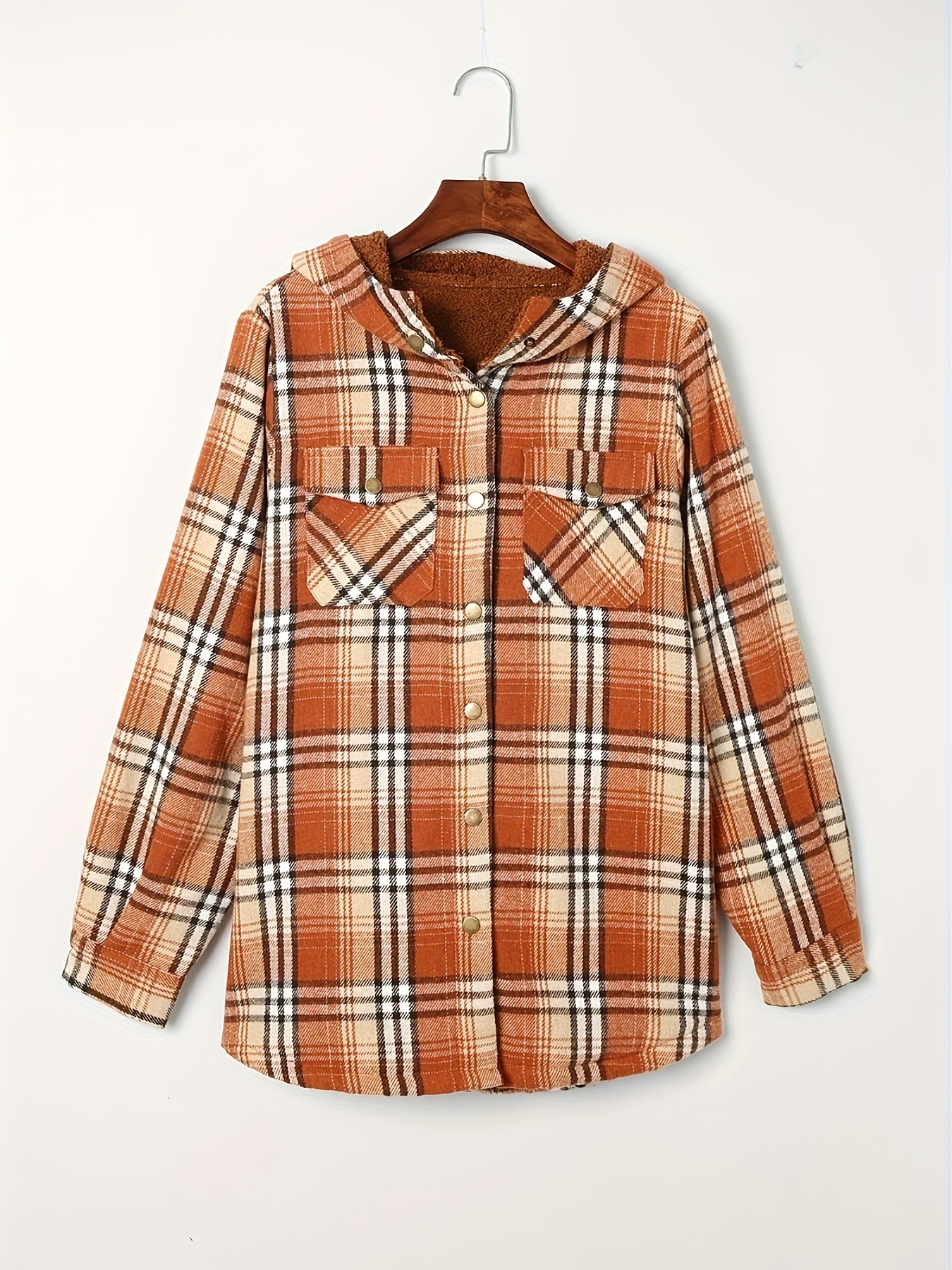 plaid pattern hooded jacket casual button front long sleeve outerwear womens clothing details 34