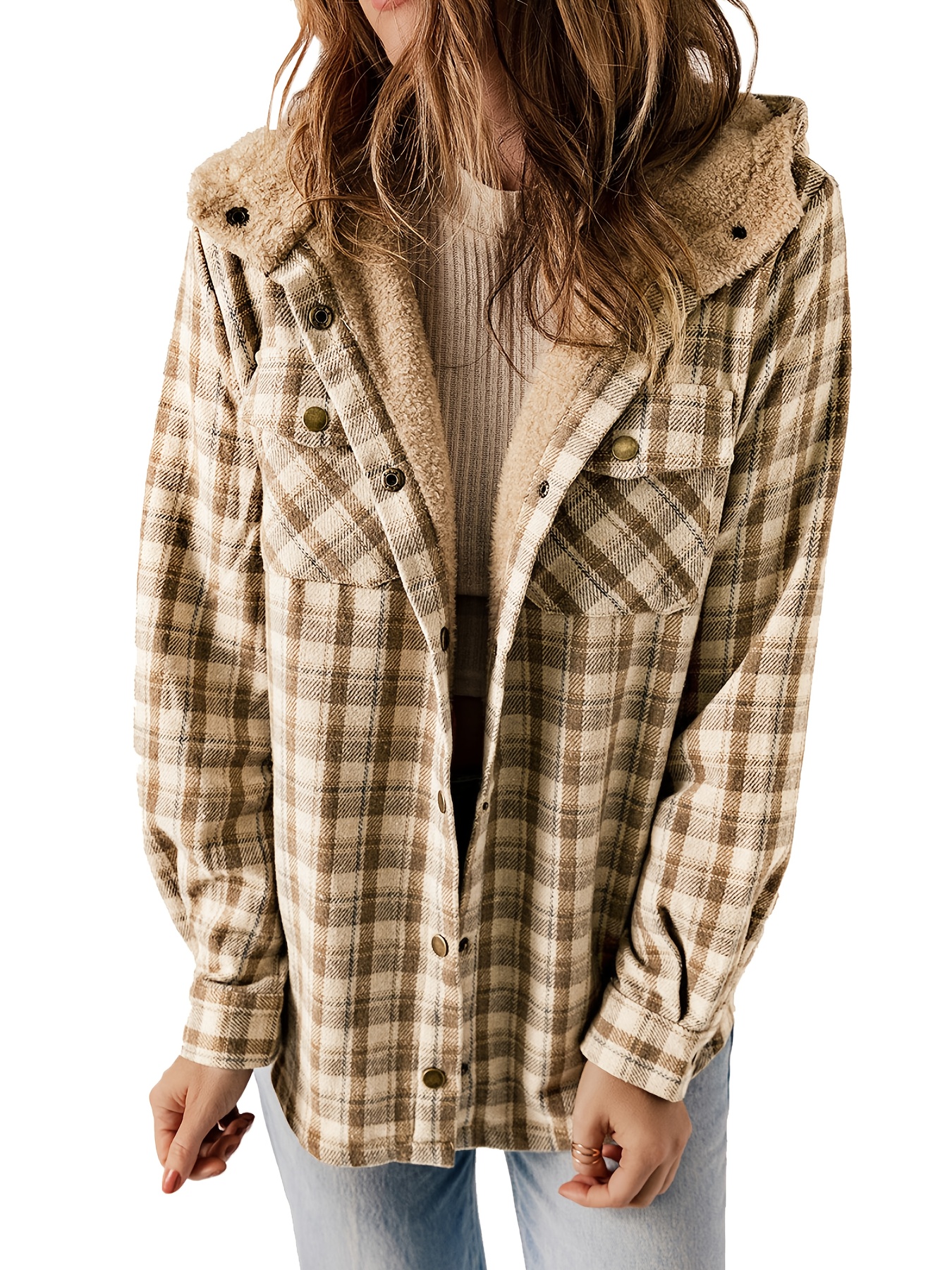 plaid pattern hooded jacket casual button front long sleeve outerwear womens clothing details 38