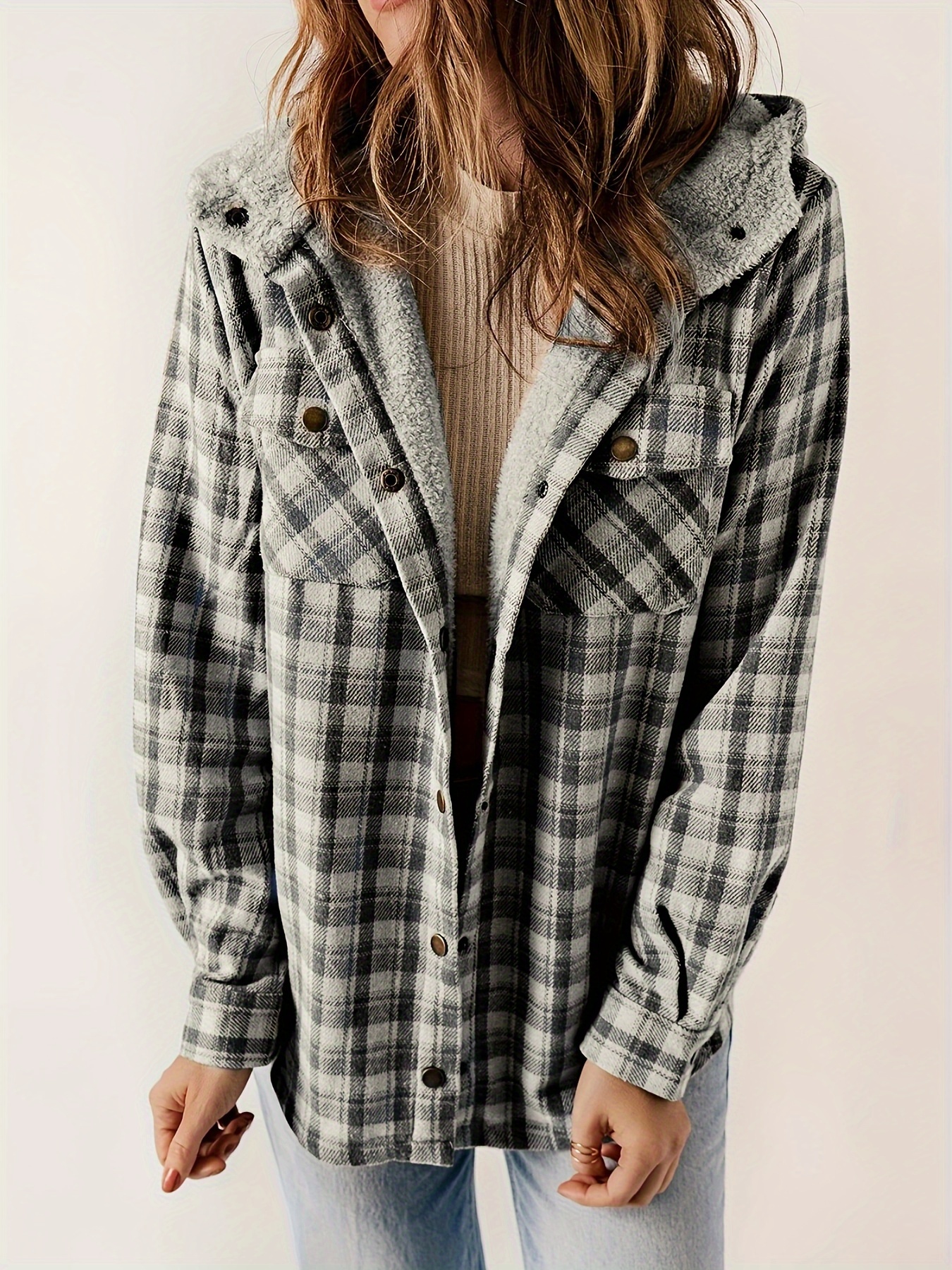 plaid pattern hooded jacket casual button front long sleeve outerwear womens clothing details 40