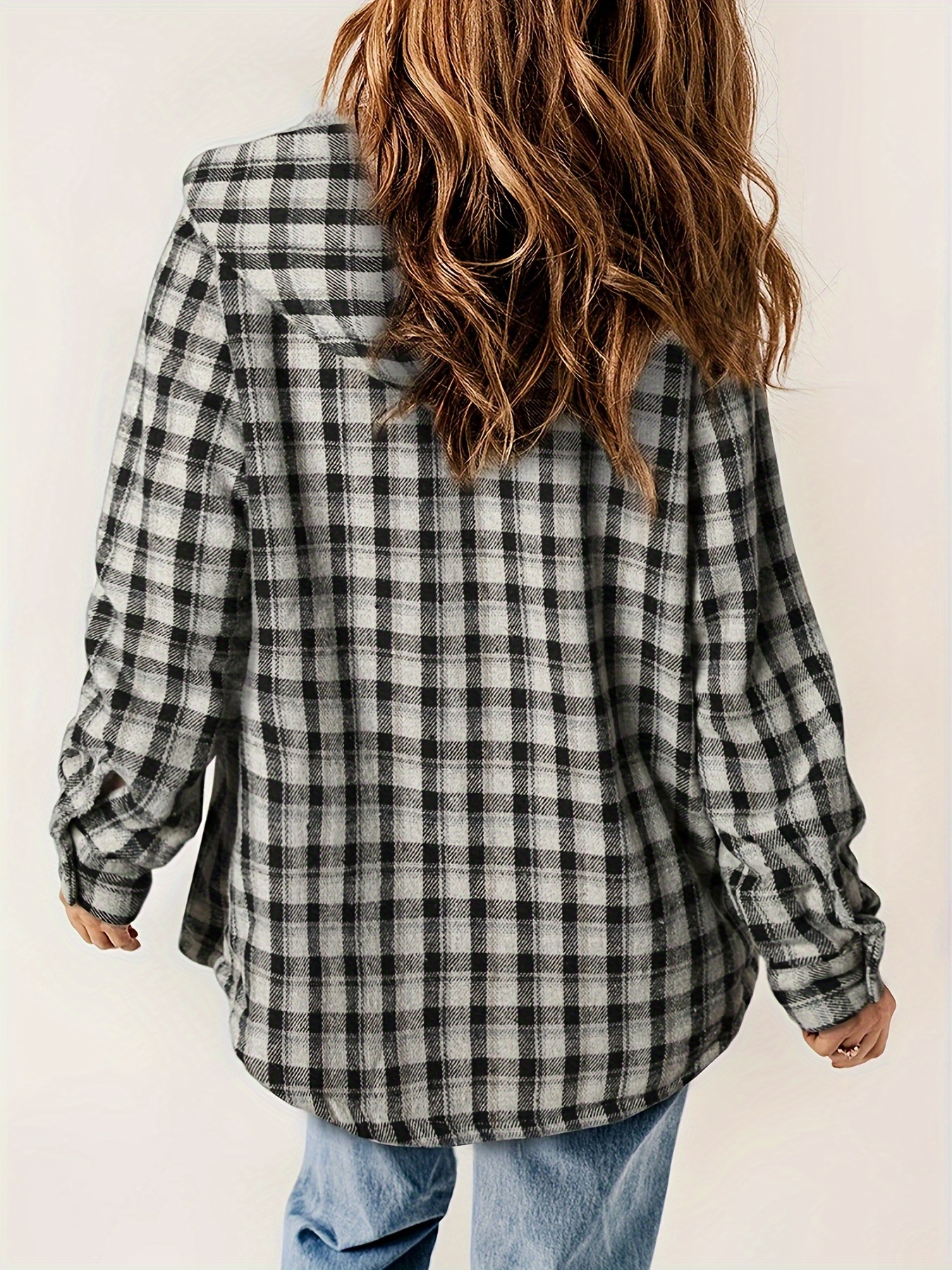 plaid pattern hooded jacket casual button front long sleeve outerwear womens clothing details 44