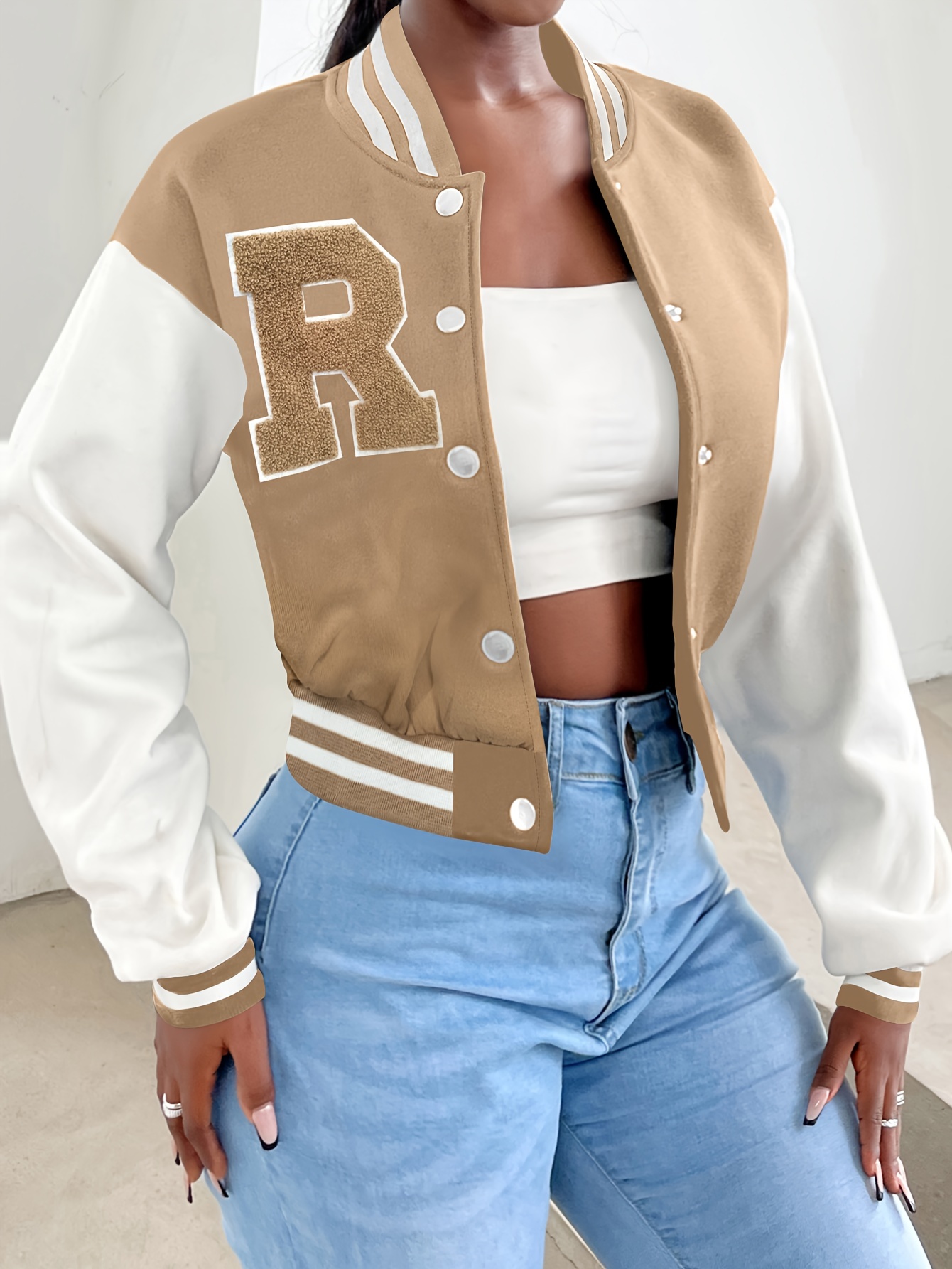 r pattern button up crop bomber jacket preppy long sleeve jacket for fall winter womens clothing details 14