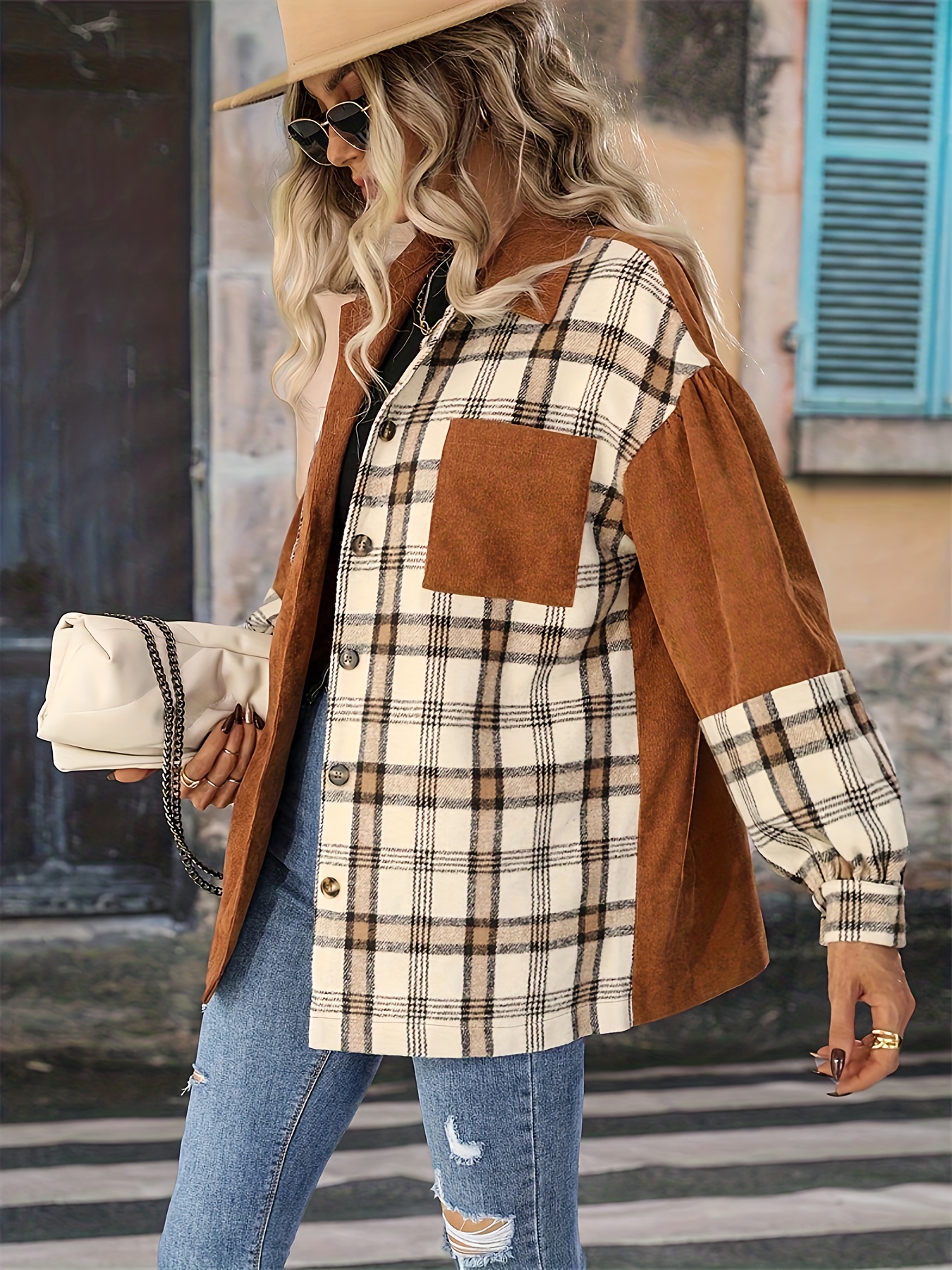 plaid pattern splicing jacket casual button front long sleeve outerwear womens clothing details 4