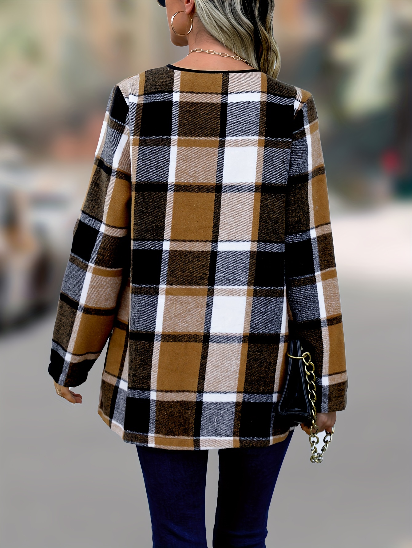 plaid print open front coat elegant long sleeve outwear for spring fall womens clothing details 1