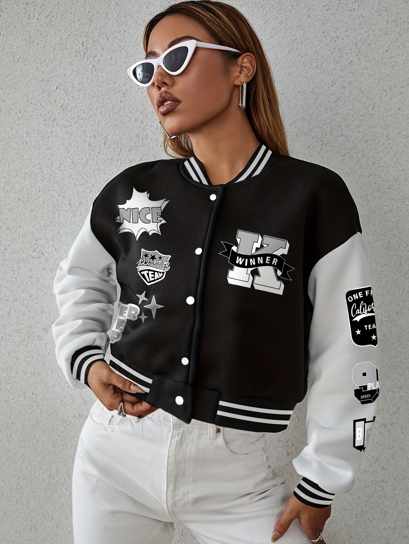 letter pattern button bomber jacket preppy long sleeve jacket for fall winter womens clothing details 8