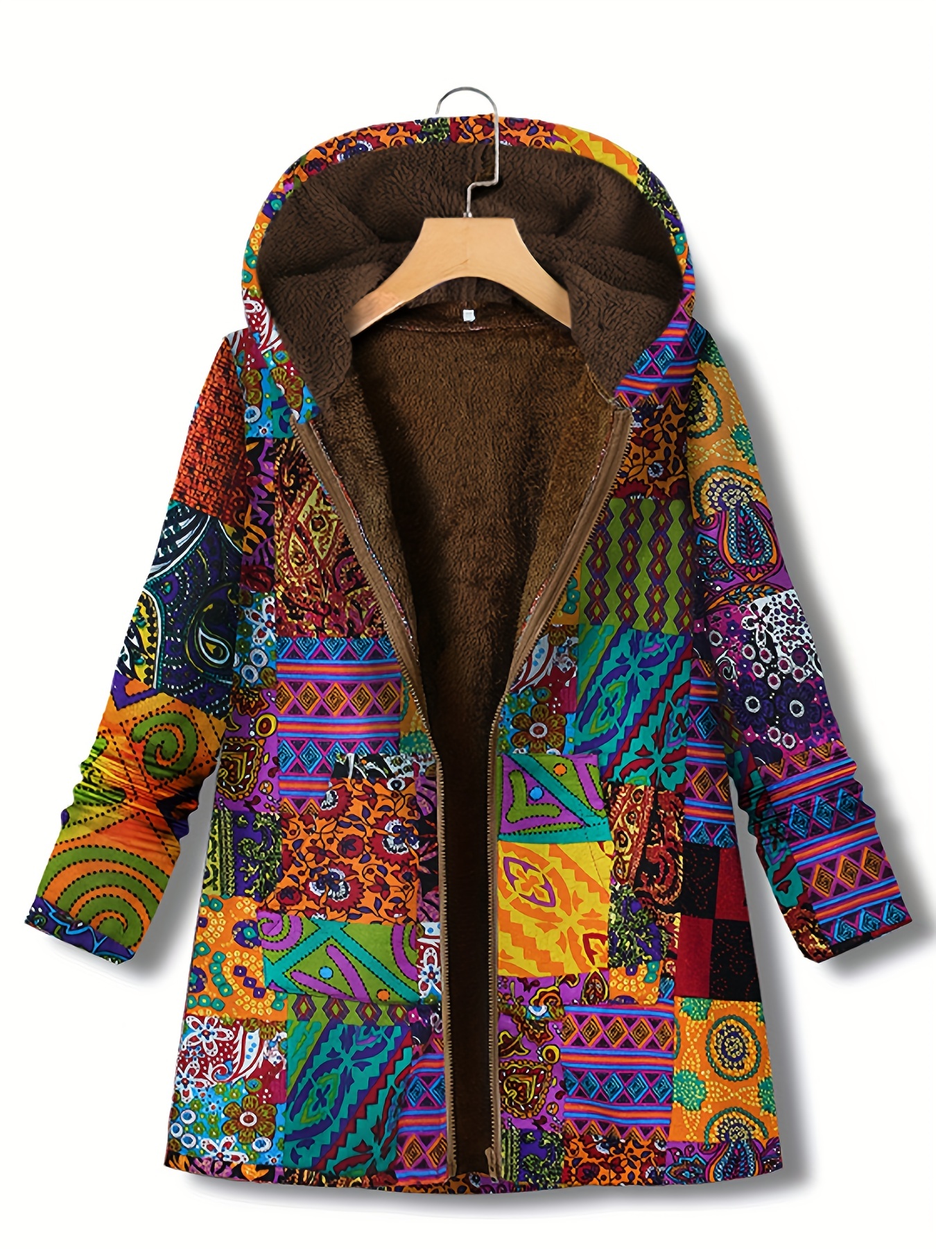 geometric print kangaroo pocket coat casual long sleeve hooded thermal coat womens clothing details 0