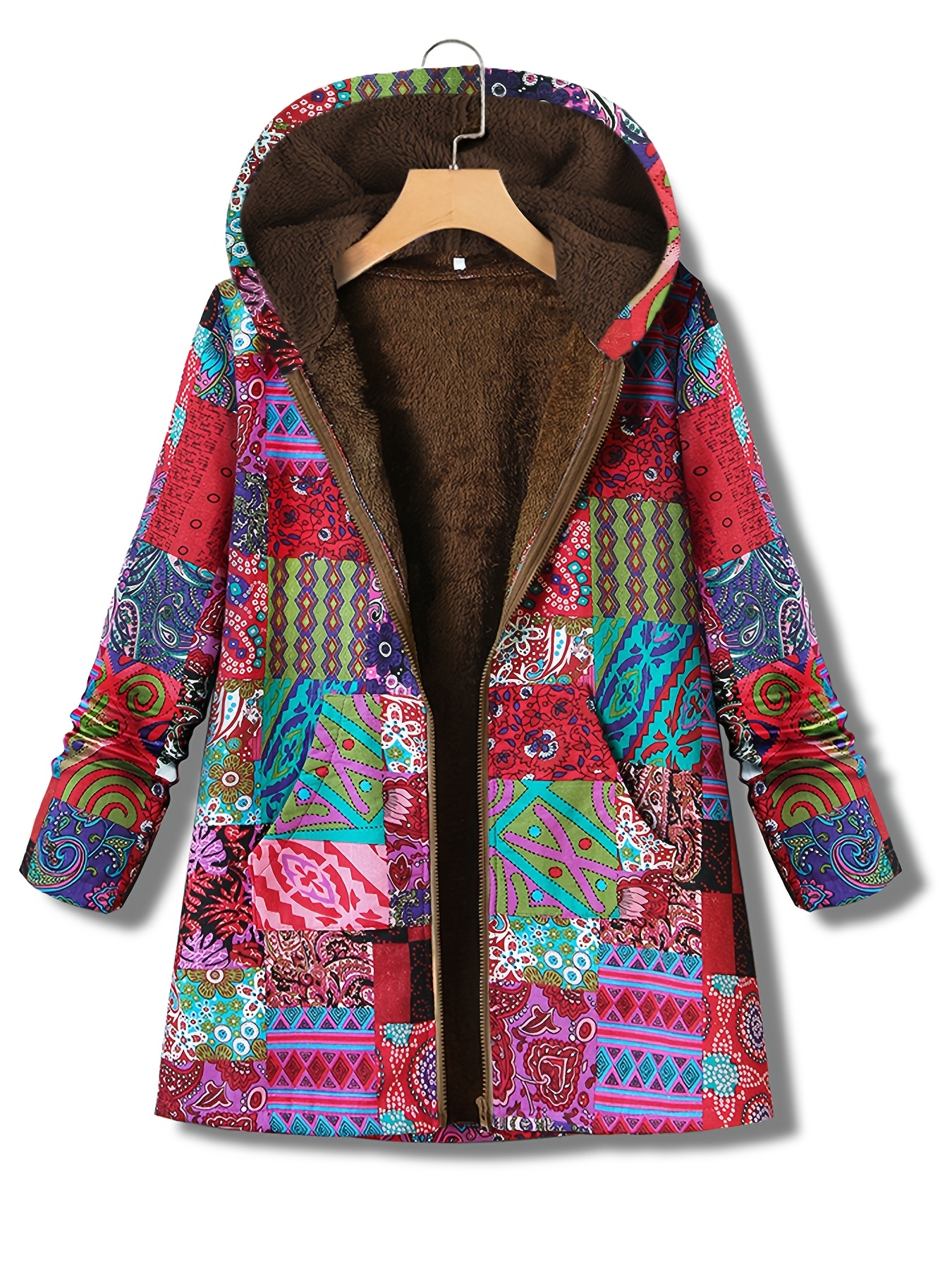 geometric print kangaroo pocket coat casual long sleeve hooded thermal coat womens clothing details 8