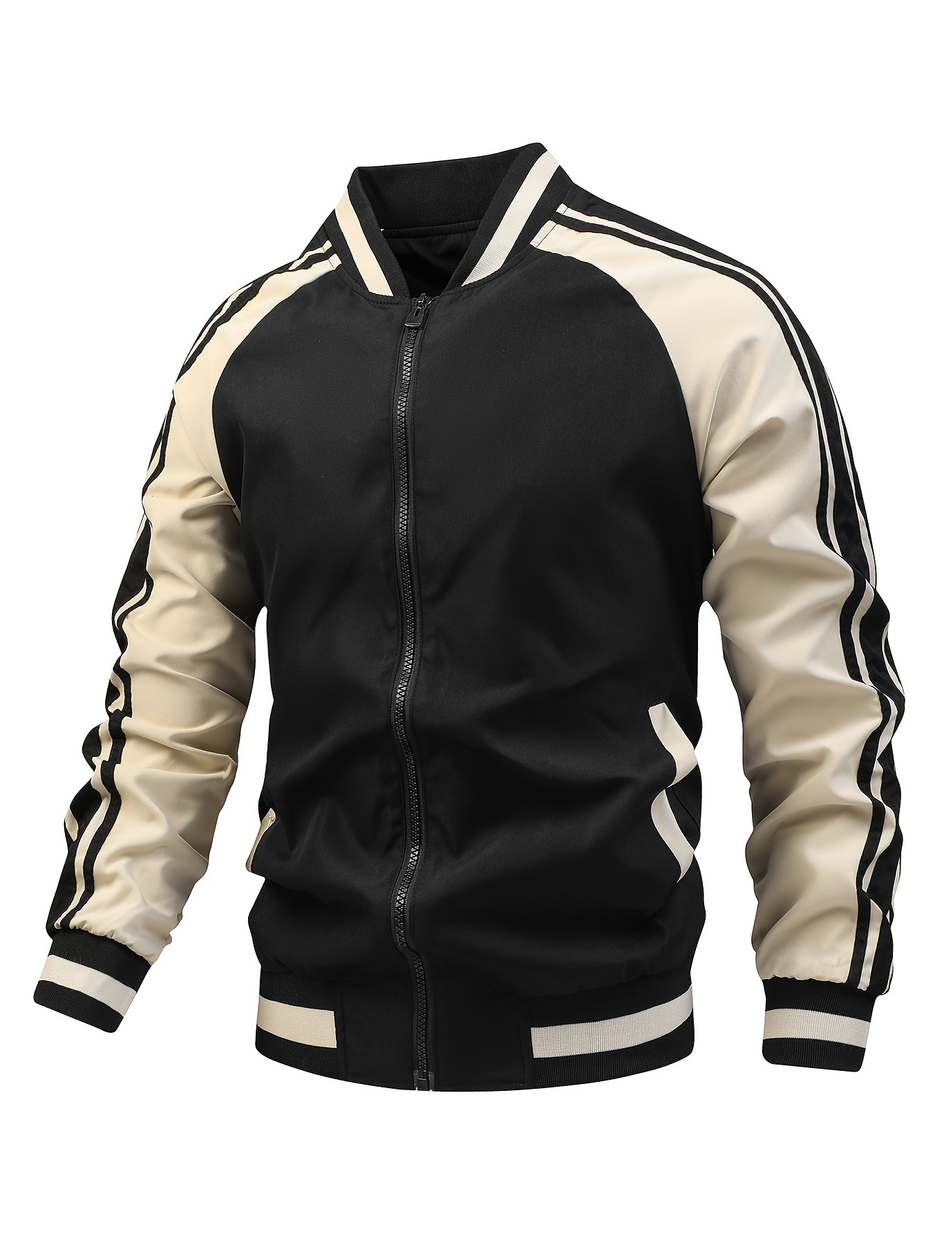 mens color block graphic sports jacket casual striped zip up varsity jacket for outdoor fall winter details 8