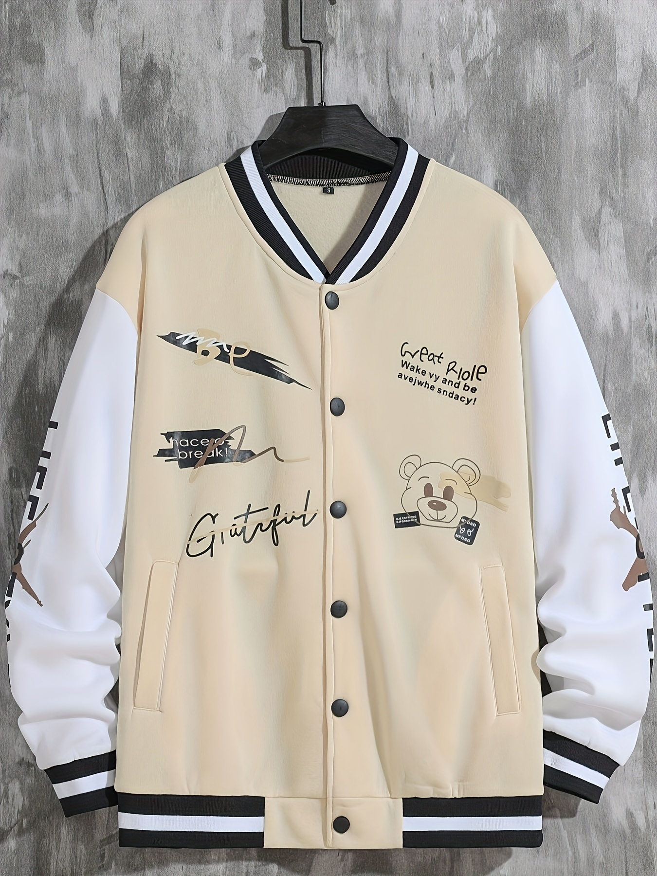 letter print varsity jacket mens casual baseball jacket coat regular fit college hipster windbreaker for spring autumn details 7