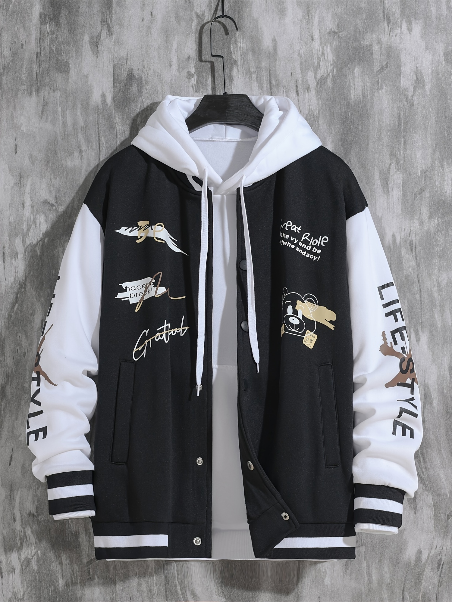 letter print varsity jacket mens casual baseball jacket coat regular fit college hipster windbreaker for spring autumn details 30