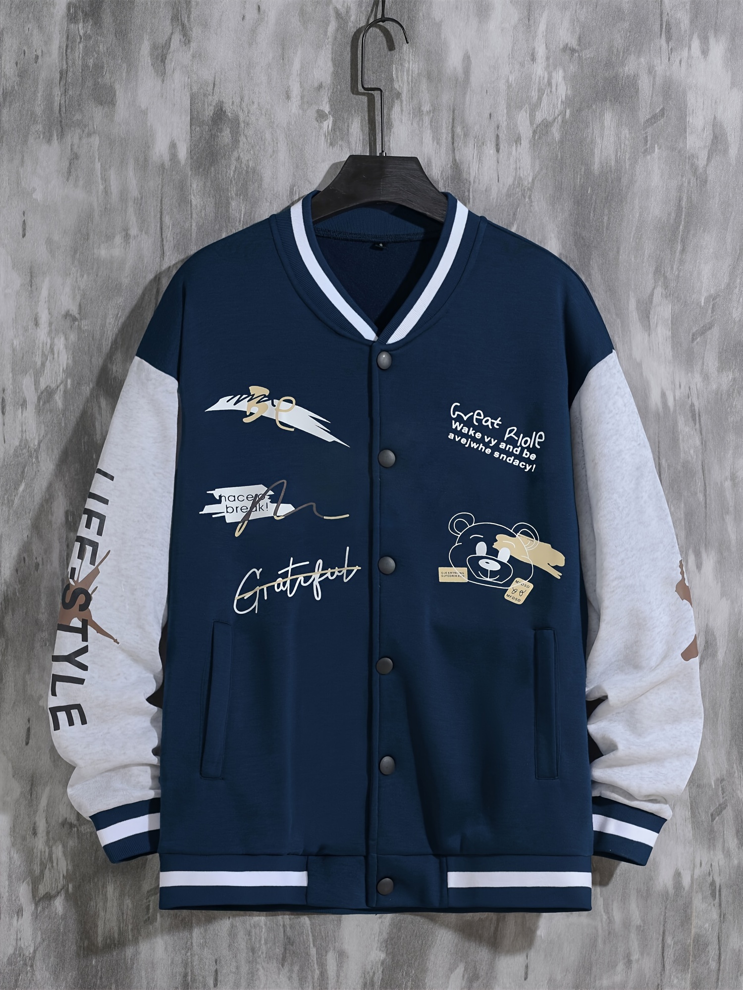 letter print varsity jacket mens casual baseball jacket coat regular fit college hipster windbreaker for spring autumn details 17