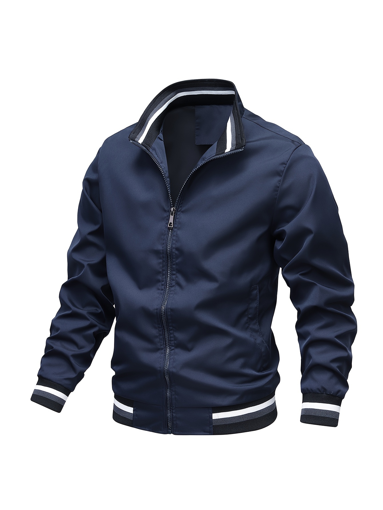 stripe edge bomber jacket mens casual stand collar zip up jacket for spring summer outdoor details 9