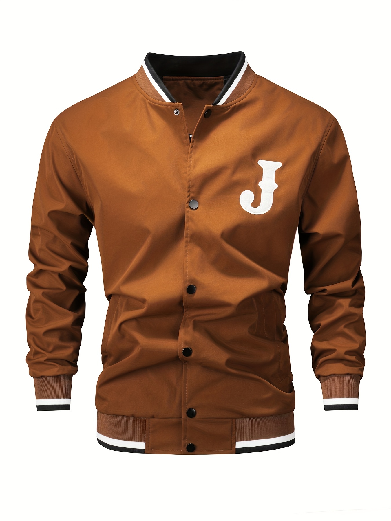 mens casual letter print varsity jacket chic baseball collar button up bomber jacket details 22