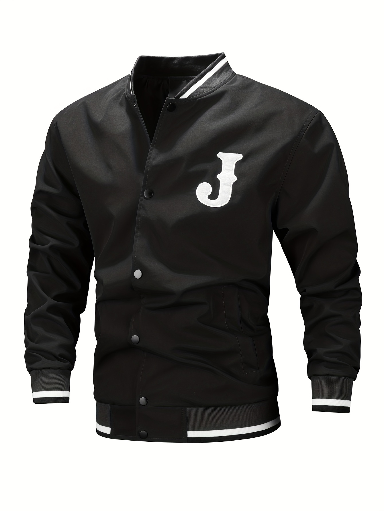 mens casual letter print varsity jacket chic baseball collar button up bomber jacket details 24