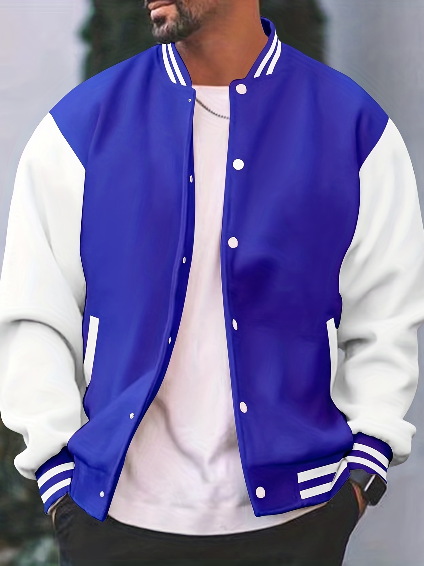 mens color block bomber jacket casual baseball collar varsity jacket for spring fall details 0