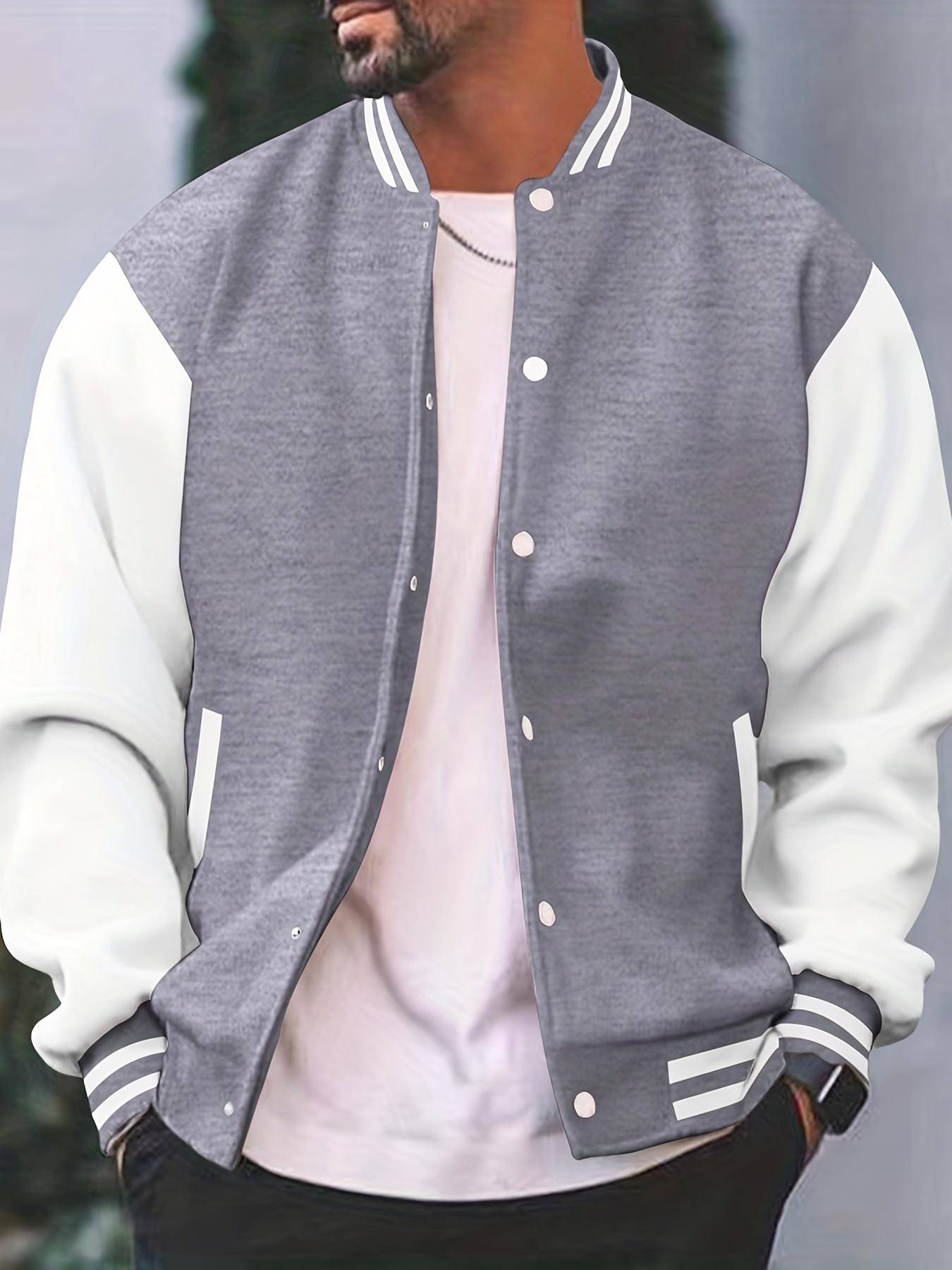 mens color block bomber jacket casual baseball collar varsity jacket for spring fall details 12