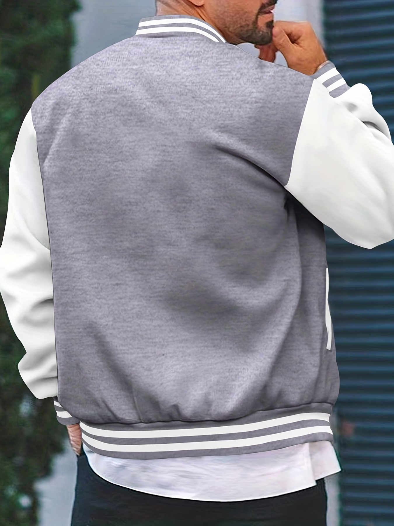 mens color block bomber jacket casual baseball collar varsity jacket for spring fall details 15