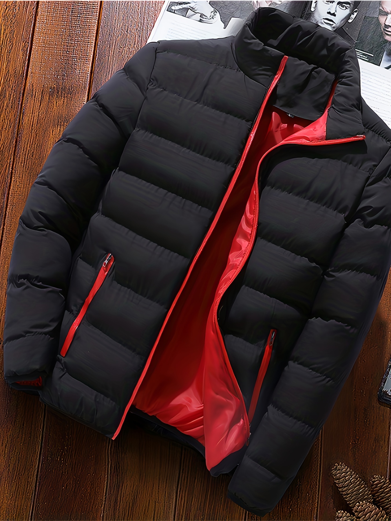 mens casual stand collar warm quilted jacket for fall winter details 6