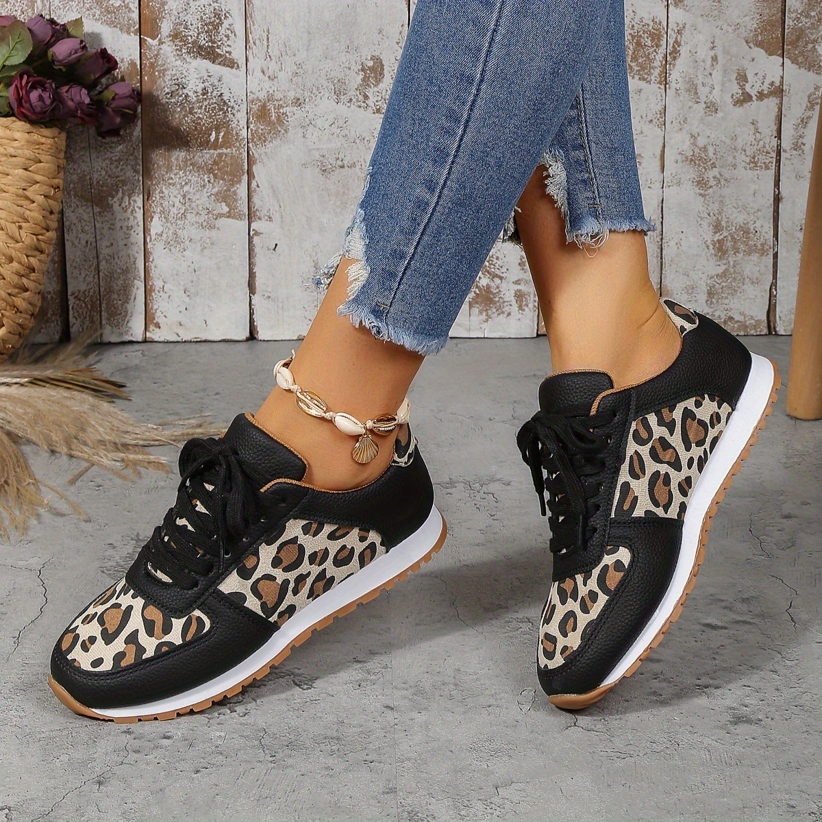 womens leopard print sneakers stylish lace up flat sneakers womens fashion non slip shoes details 4