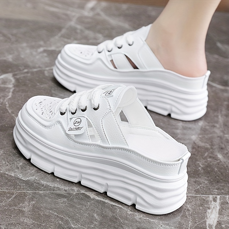 womens breathable platform mule sneakers casual cutout design lace up shoes comfortable summer shoes details 2