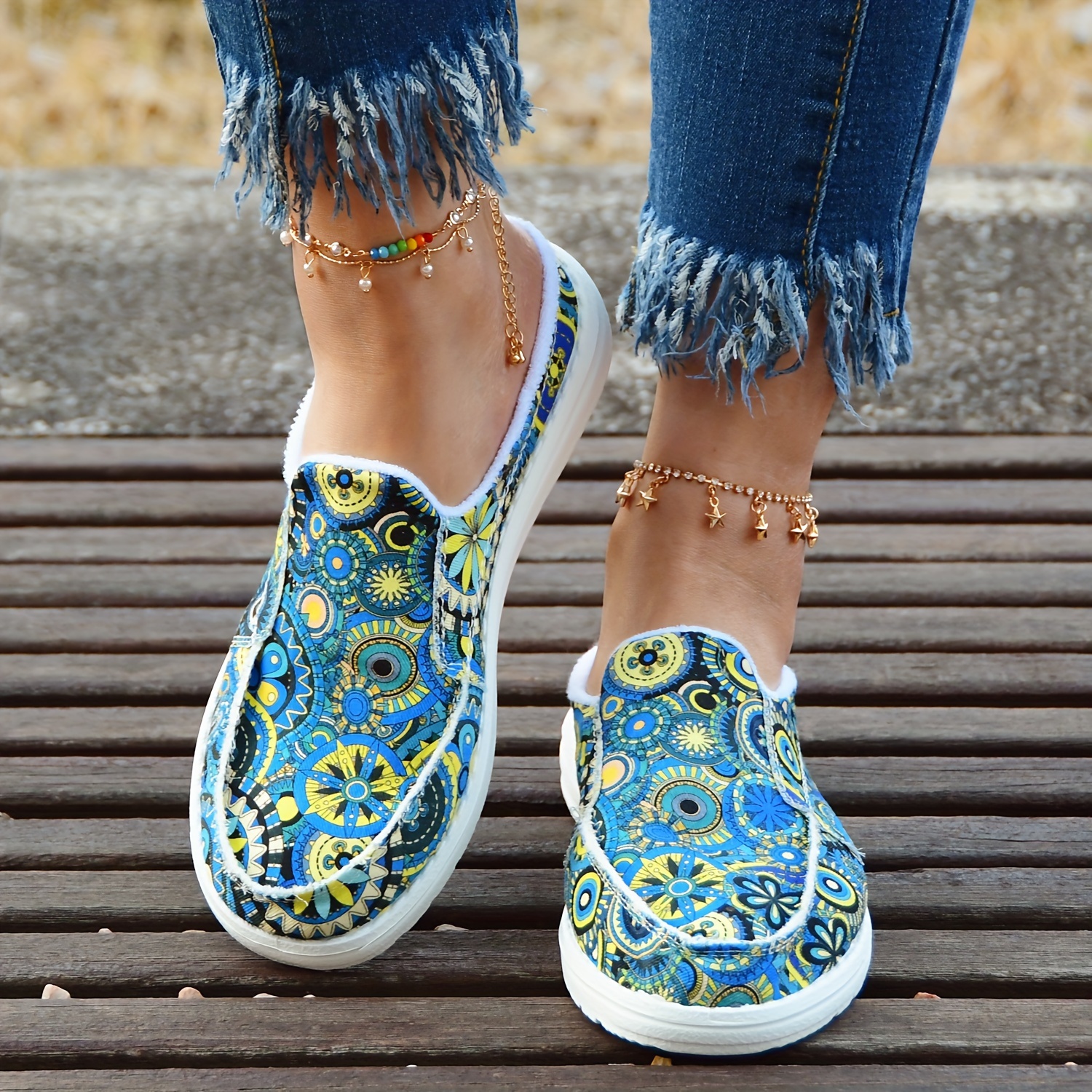 womens colorful floral print canvas shoes fashion slip on flat backless loafers casual walking shoes details 6