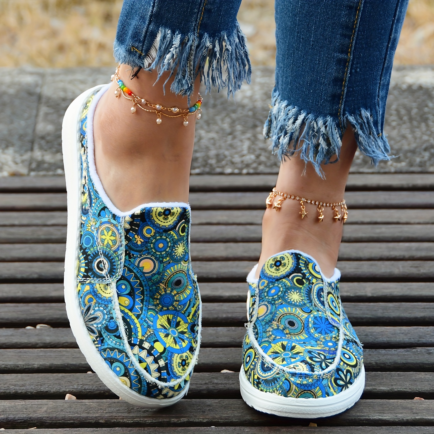 womens colorful floral print canvas shoes fashion slip on flat backless loafers casual walking shoes details 8