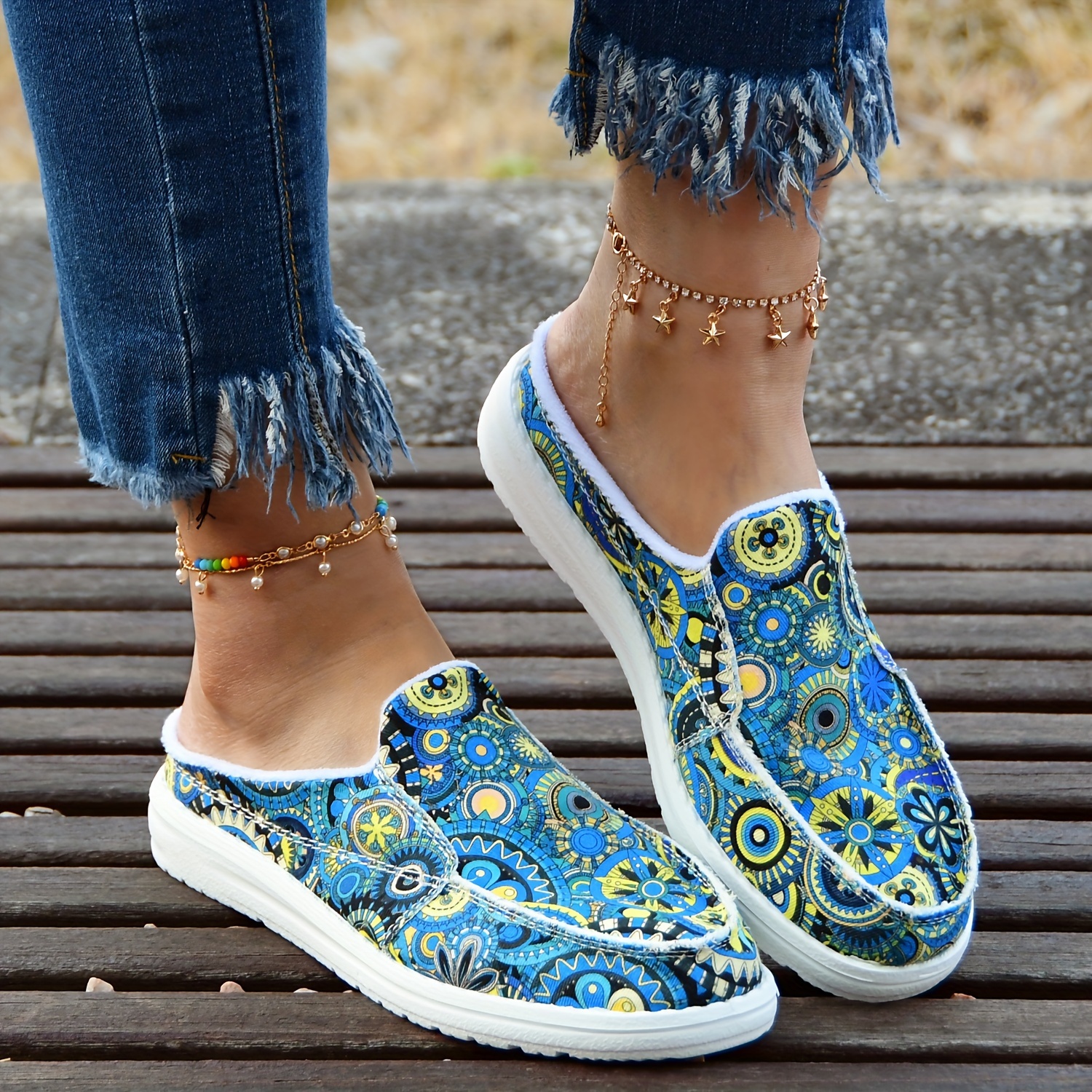 womens colorful floral print canvas shoes fashion slip on flat backless loafers casual walking shoes details 9