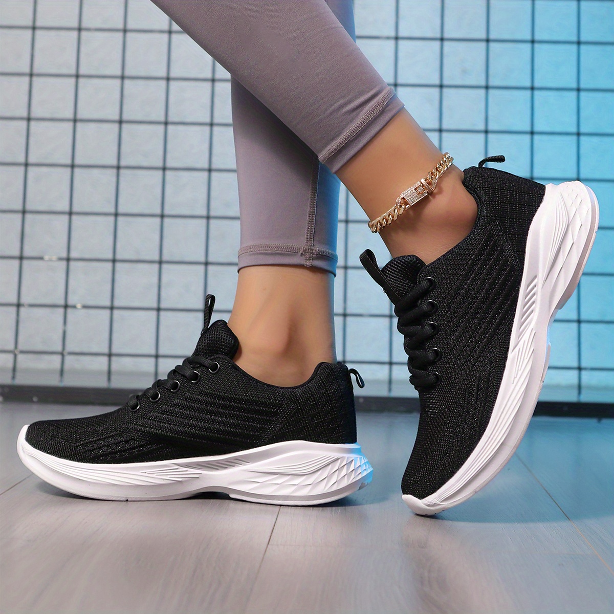 womens solid color mesh sneakers lace up breathable flat sporty shoes lightweight low top shock absorption shoes details 6