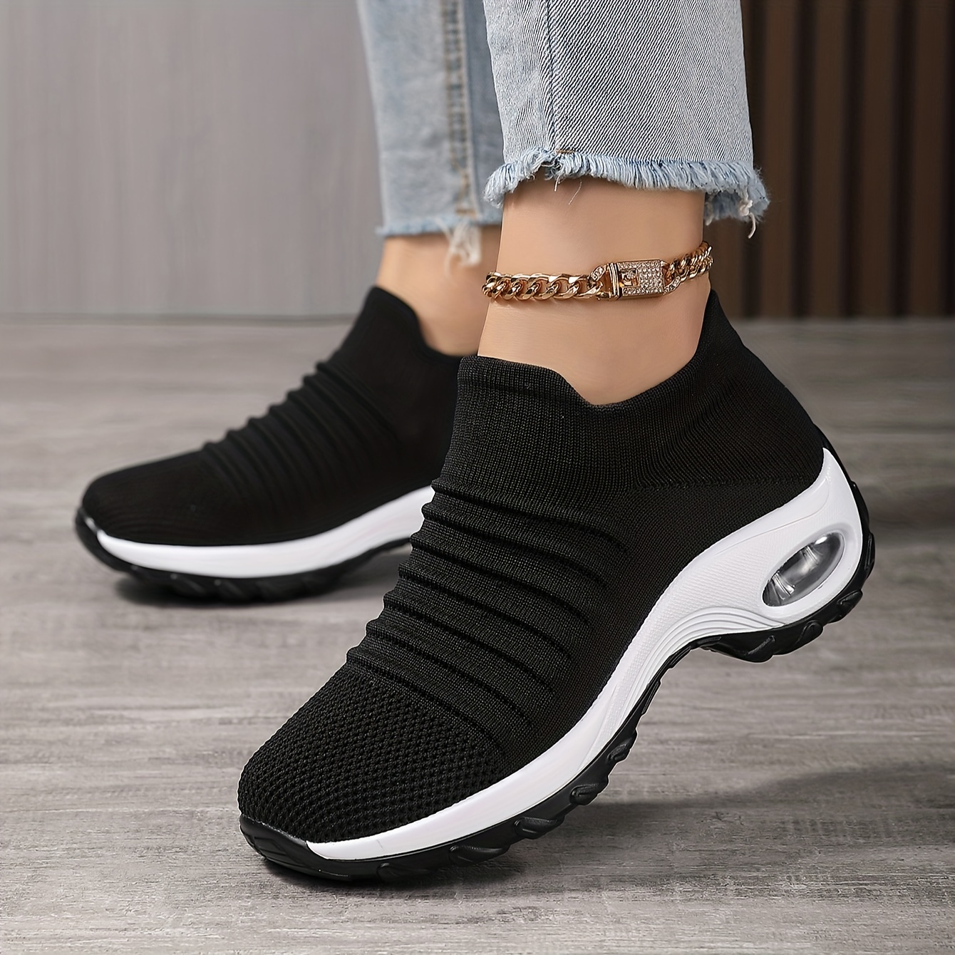 womens breathable knit chunky sneakers casual slip on outdoor shoes lightweight low top air cushion shoes details 1