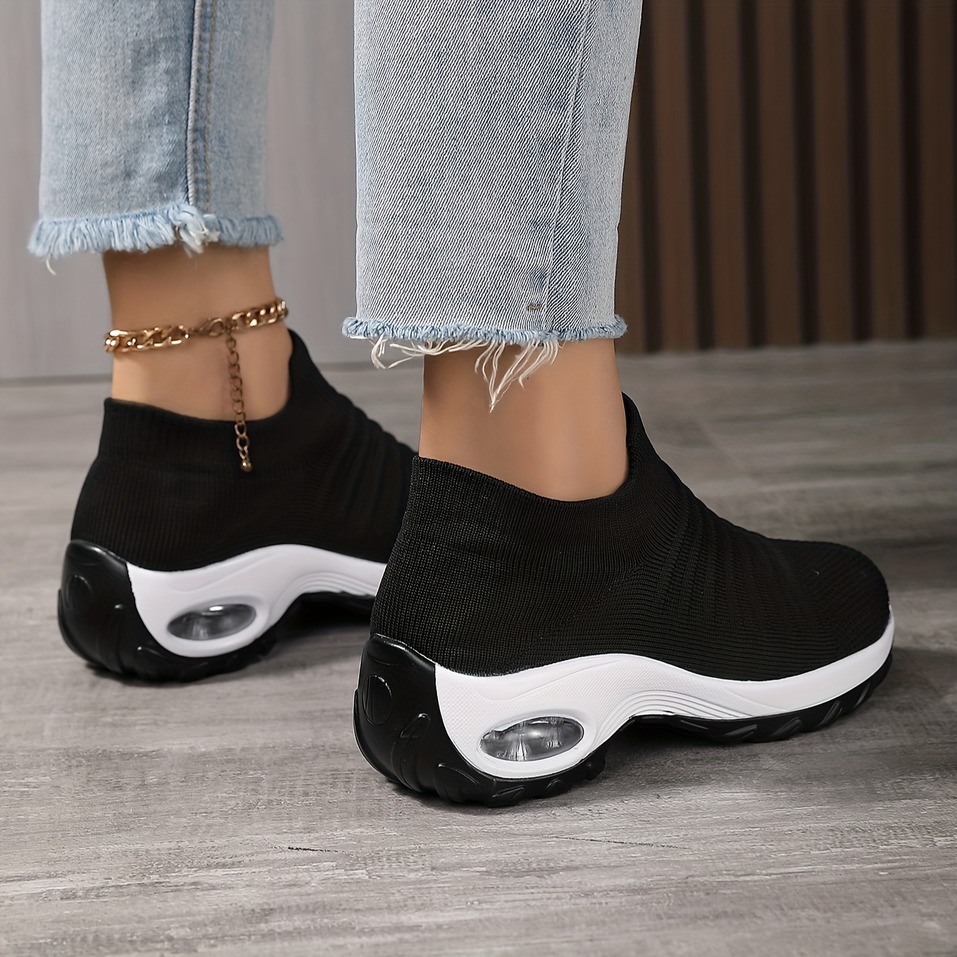 womens breathable knit chunky sneakers casual slip on outdoor shoes lightweight low top air cushion shoes details 2