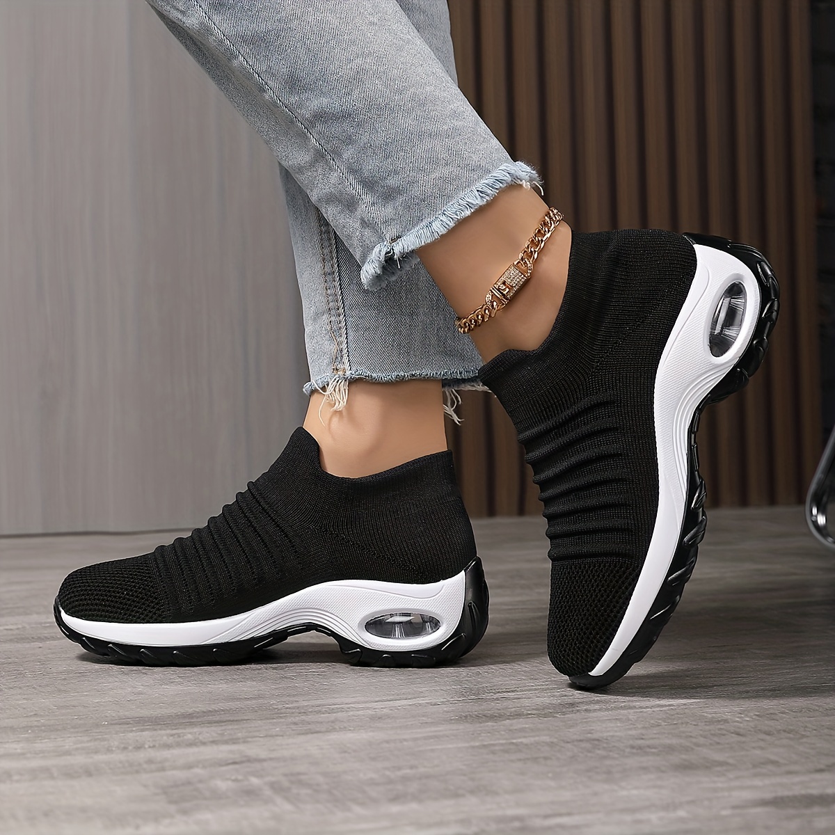 womens breathable knit chunky sneakers casual slip on outdoor shoes lightweight low top air cushion shoes details 3