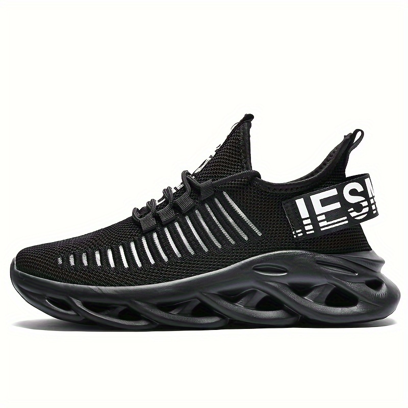 mens trendy woven knit breathable blade type sneakers comfy non slip soft sole lace up shoes for mens outdoor activities details 4