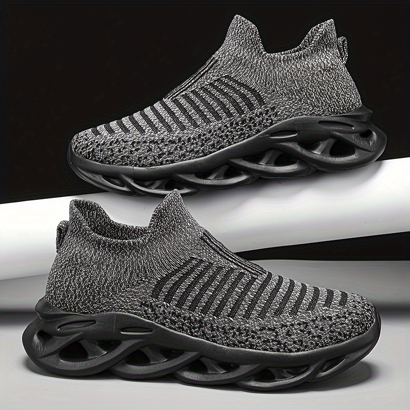 plus size mens trendy woven knit breathable blade type sneakers comfy non slip durable shock absorption shoes for mens outdoor activities details 1