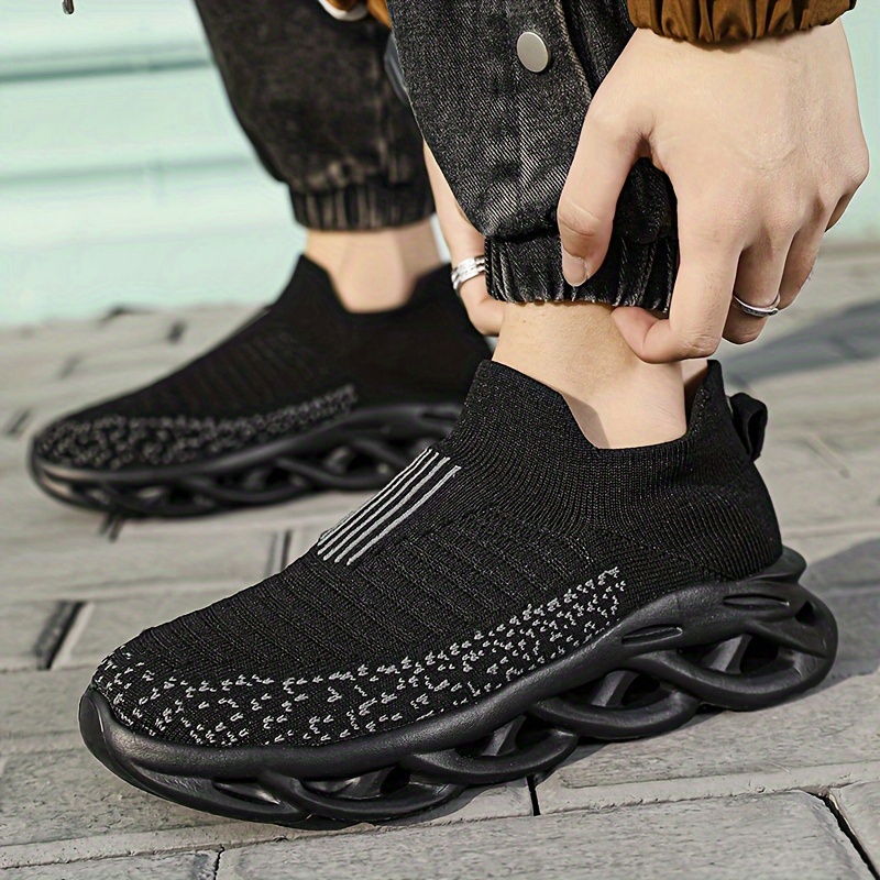 plus size mens trendy woven knit breathable blade type sneakers comfy non slip durable shock absorption shoes for mens outdoor activities details 9