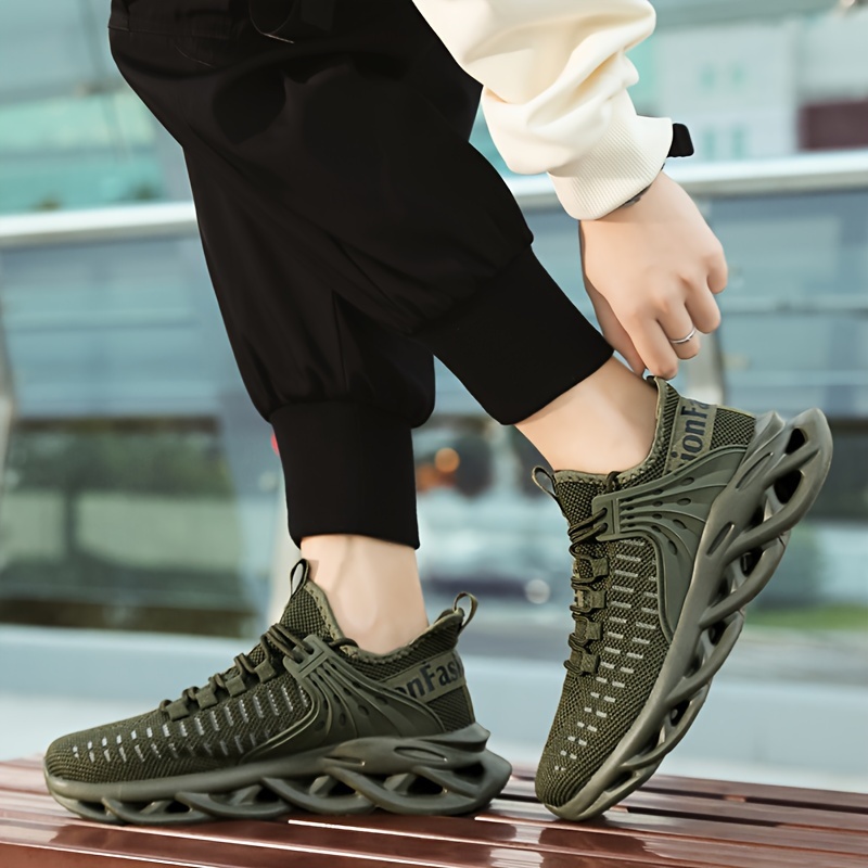 mens solid woven knit breathable blade type sneakers comfy non slip soft sole shoes for mens outdoor activities details 0